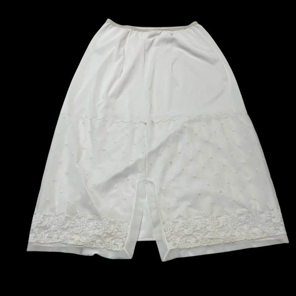 Vintage Sheer White Satin Skirt Embroidered Midi Fairy Romantic Feminine Cottage